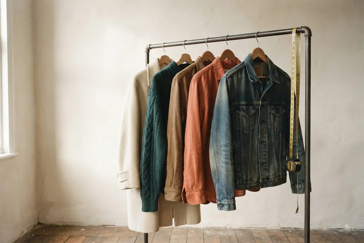 Portant de vêtements de seconde main devant un mur clair : manteau de laine écru, maille verte, chemise corail et veste en jean, avec un mètre ruban de couturière.